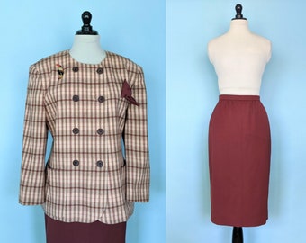 Vintage 80s Escada Plaid Skirt Suit, 1980s Size Large Designer Two Piece Skirt and Jacket Set