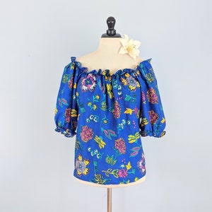 Vintage 80s Floral Cotton Blouse, 1980s Off the Shoulder Top