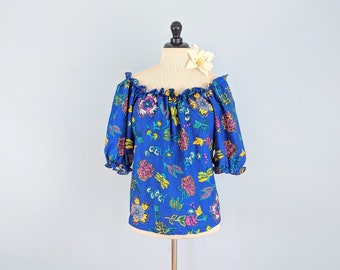 Vintage 80s Floral Cotton Blouse, 1980s Off the Shoulder Top