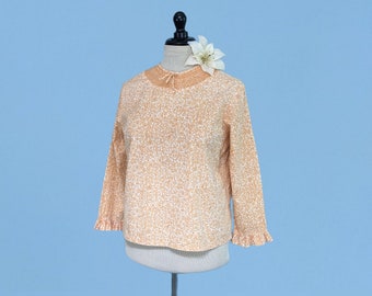 Vintage 60er Jahre Blumen Baumwollbluse, Vintage 1960er Jahre Mod Stehkragen 3/4 Ärmel Top