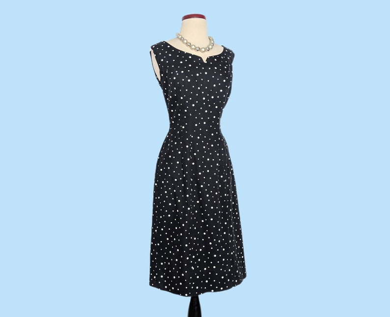 Vintage 1950s Black Polka Dot Day Dress Set, Vintage 50s Wiggle Dress with Cropped Jacket image 2