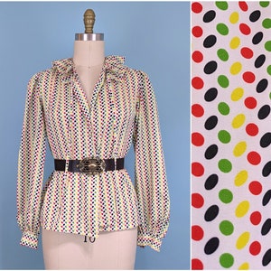Vintage 70s/80s Colorful Polka Dot Button Blouse, 1980s Long Sleeve Ruffle Neckline Silky Shirt