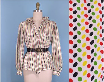 Vintage 70s/80s Colorful Polka Dot Button Blouse, 1980s Long Sleeve Ruffle Neckline Silky Shirt