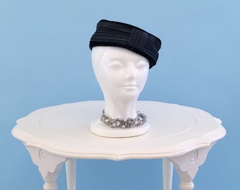 Vintage 1950s Black Pillbox Cocktail Hat, Vintage 50s Velvet and Satin Evening Party Hat