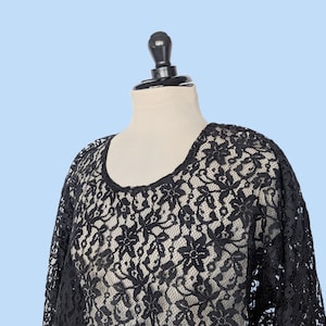 Vintage 90s Black Lace Top, 1990s Sheer Lace Evening Blouse