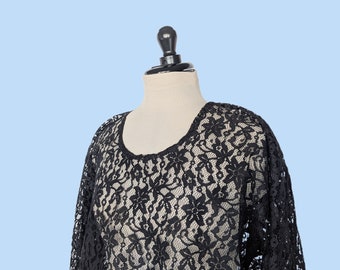 Vintage 90s Black Lace Top, 1990s Sheer Lace Evening Blouse