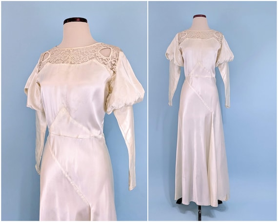 Vintage 1930s Ivory Silk Long Sleeve Wedding Gown… - image 1