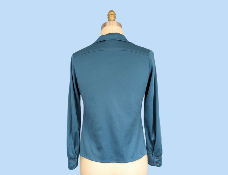 Vintage 1970s Teal Blue Button Down Shirt, Vintage 70s Long Sleeve Collared Blouse image 7