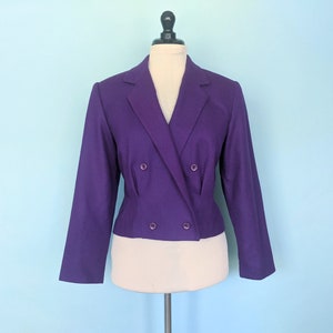Vintage 80s Cropped Purple Wool Suit Blazer, 1980s Double Breasted Tailored Fitted Jacket