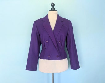 Blazer de traje de lana púrpura recortado vintage de los años 80, chaqueta ajustada a medida de doble botonadura de los años 80