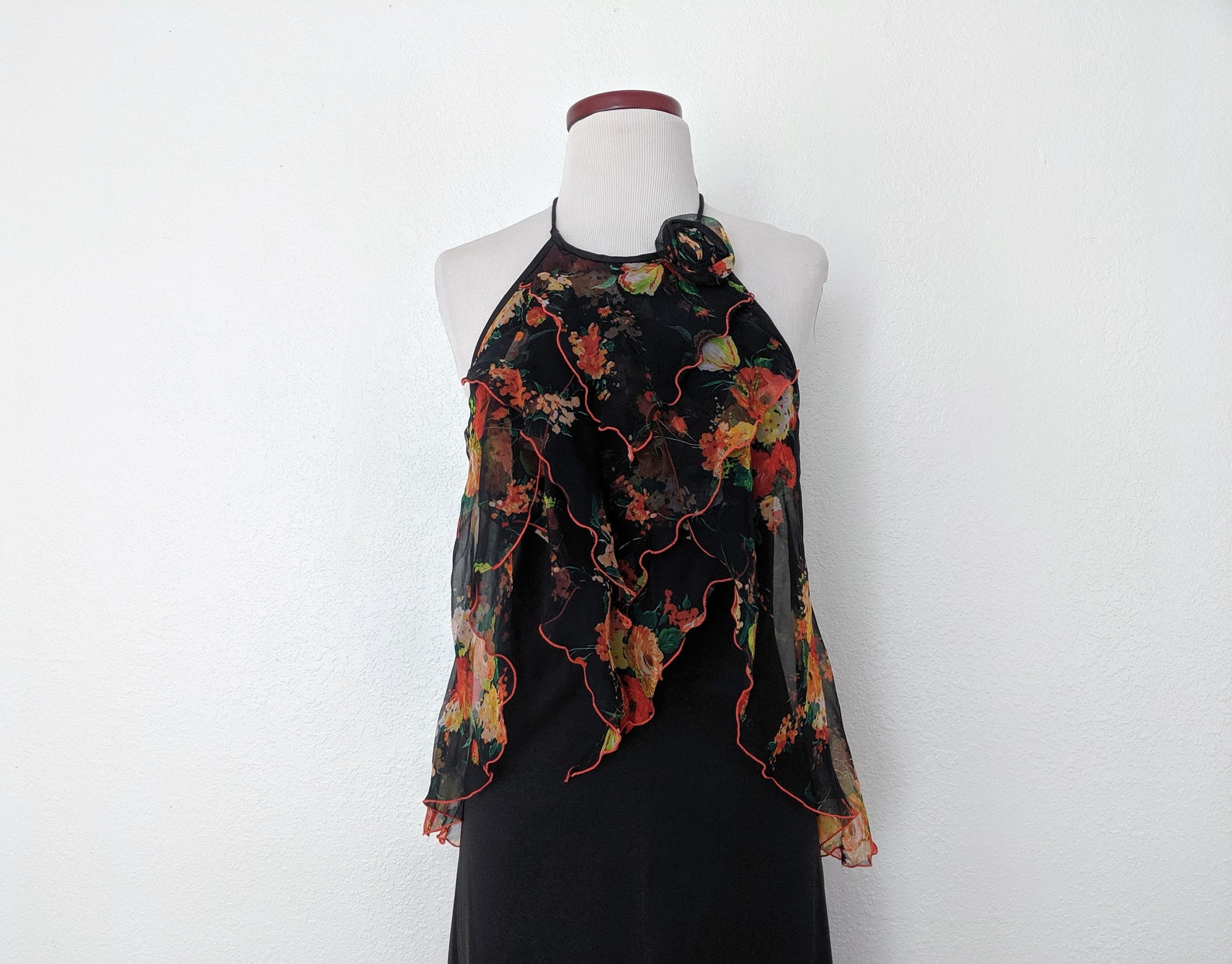 Vintage 70s Black Floral Halter Ruffle Maxi