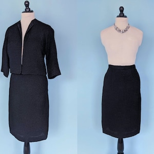 Vintage 60s Textured Black Pencil Skirt Suit, 1960s Mod Fitted Skirt and Jacket Set, Vintage Women&#39;s Suit