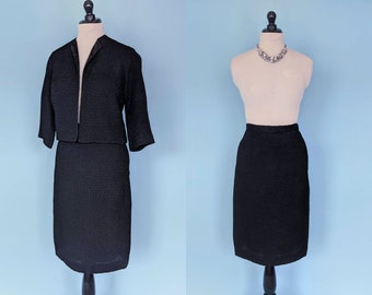Vintage 60s Textured Black Pencil Skirt Suit, 1960s Mod Fitted Skirt and Jacket Set, Vintage Women's Suit