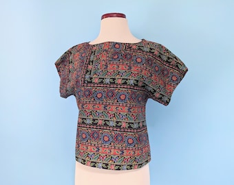 Vintage 60s/70s Floral Tapestry Print Boho Crop Top, 1960s Colorful Short Sleeve Cropped Cotton Blouse