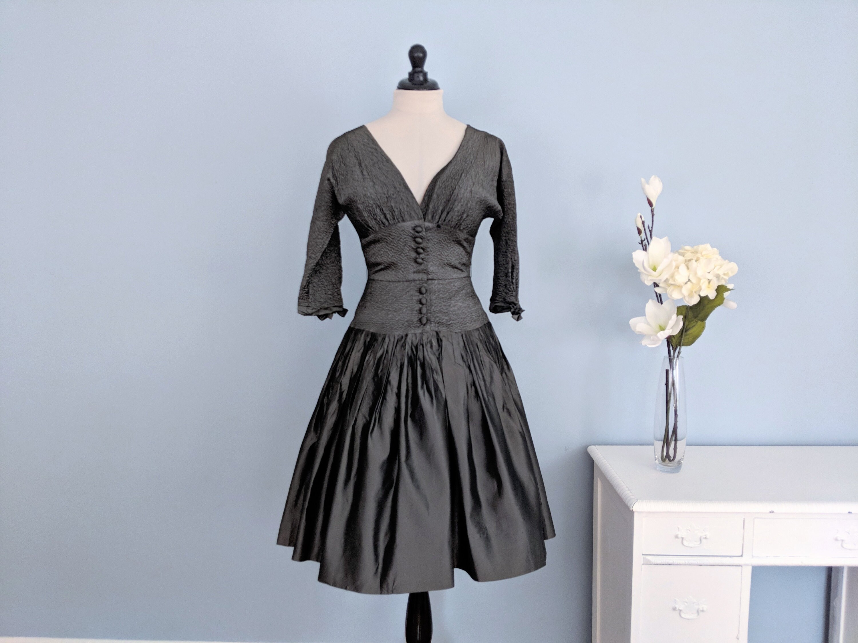 grey 50s dress Vintage 1950s Gray Pockets Dress Patterned Unbranded 14.5