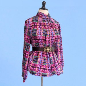 Vintage 80s Abstract Print Silky Blouse, 1980s Colorful Long Sleeve Shirt