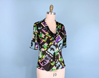 Vintage 90s Slinky Bias Cut Geometric Print Blouse, 1990s Cowl Neck Silk Chiffon Short Sleeve Top