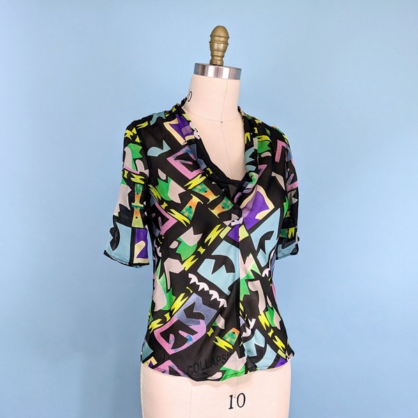 Vintage 90s Slinky Bias Cut Geometric Print Blouse, 1990s Cowl Neck Silk Chiffon Short Sleeve Top