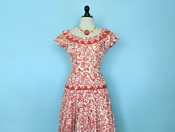 Vintage 1950s Red Floral Print Drop Waist Dress, … - image 7