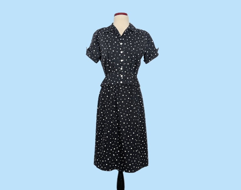 Vintage 1950s Black Polka Dot Day Dress Set, Vintage 50s Wiggle Dress with Cropped Jacket image 9