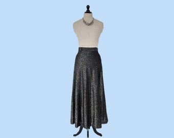 Vintage 60s Metallic Black and Silver Maxi Skirt, 1960s Glittery Full Length Formal Evening Skirt