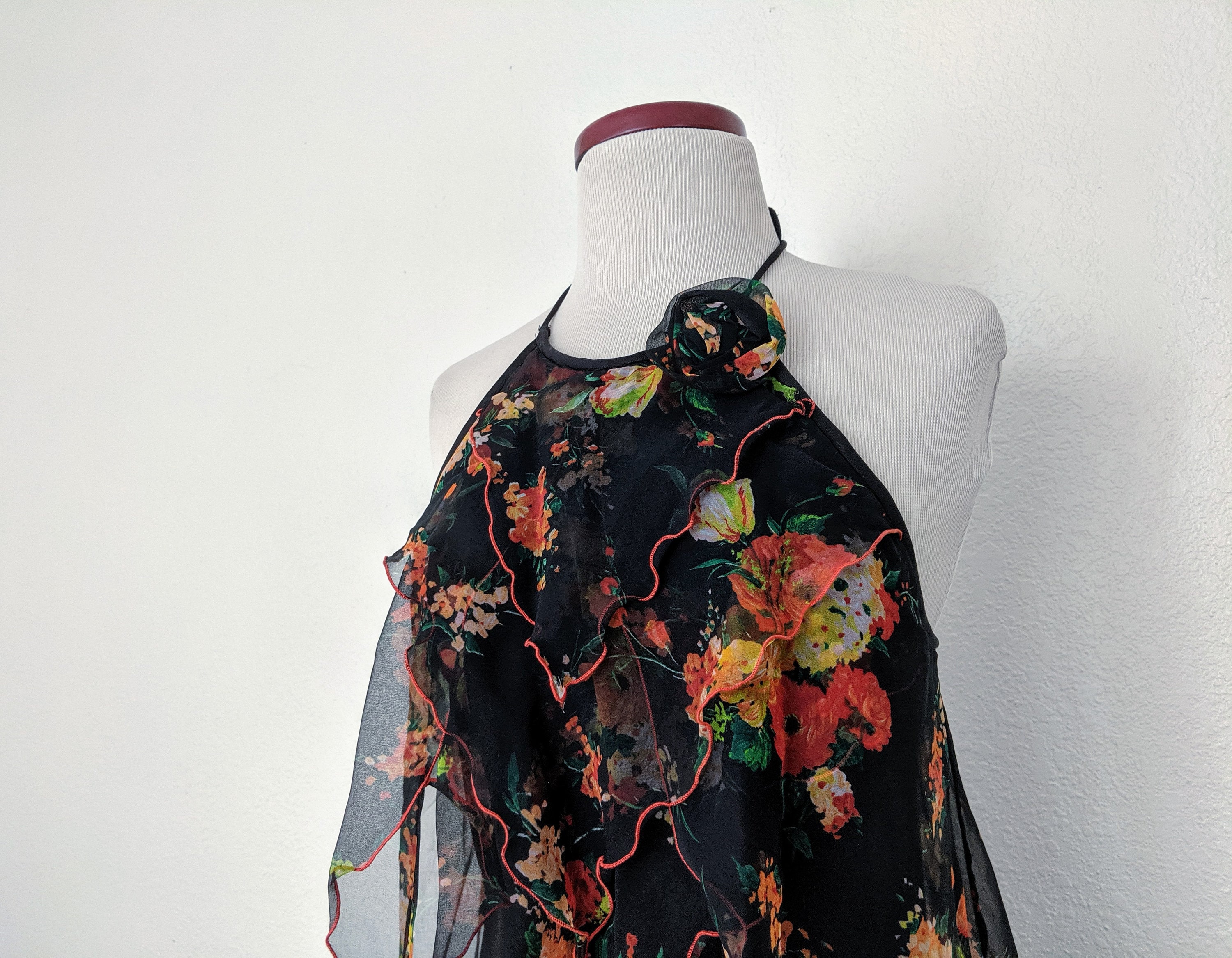 Vintage 70s Black Floral Polyester Long Sleeve Maxi Dress