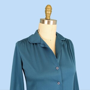 Vintage 1970s Teal Blue Button Down Shirt, Vintage 70s Long Sleeve Collared Blouse image 5