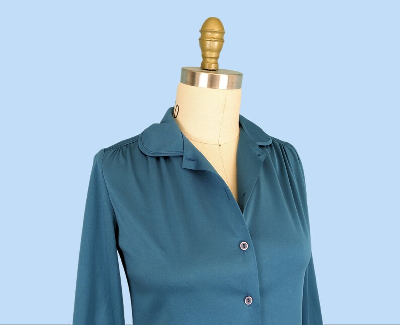 Vintage 1970s Teal Blue Button Down Shirt, Vintage 70s Long Sleeve Collared Blouse image 5