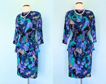 Vintage 80s Abstract Print Peplum Dress, 1980s Blue and Purple Rayon Print Long Sleeve Office Dress