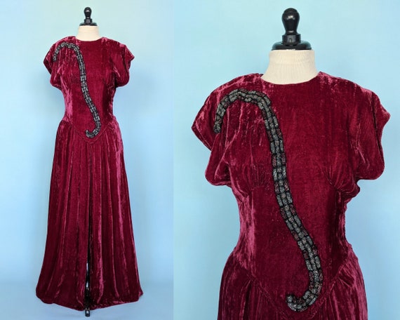 Vintage 30s Burgundy Velvet Full Length Evening G… - image 1