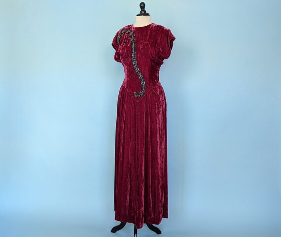 Vintage 30s Burgundy Velvet Full Length Evening G… - image 4