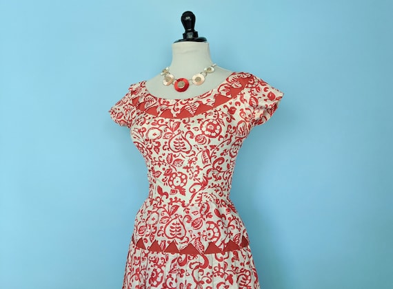 Vintage 1950s Red Floral Print Drop Waist Dress, … - image 6