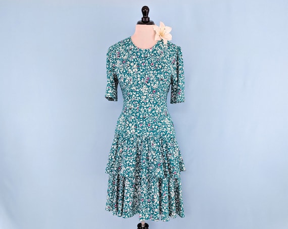 Vintage 80s Tiered Floral Teal Dress, Vintage 1980