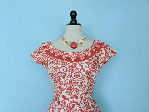 Vintage 1950s Red Floral Print Drop Waist Dress, … - image 8