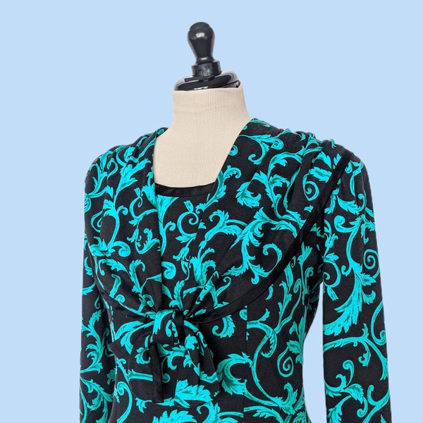Vintage 80s Lanz Originals Black and Teal Jersey Dress, 1980s Deadstock New With Tags Long Sleeve Midi Dress With Sailor Collar