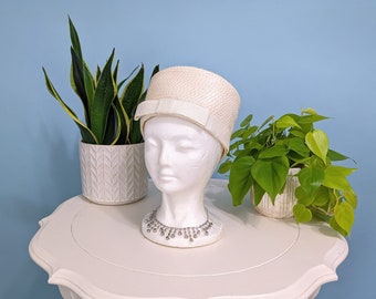 Vintage 1960s Cream Colored Woven Pillbox Hat, Vintage 60s Evening Cocktail Hat