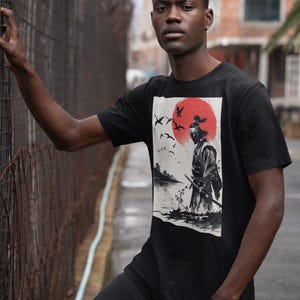 Samurai in the Rising Sun – Japanese Warrior T-Shirt, Ink Style Art, Ukiyo-e Inspired