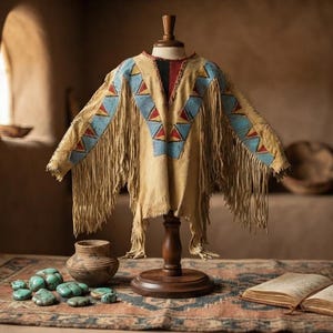 May include: A tan leather tunic featuring long fringe along the sleeves and hem, decorated with a geometric pattern of blue, red, and black beads across the chest and shoulders. The garment is displayed on a wooden stand with a round base.