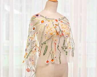 OV78.Boho Floral Embroidered Chapel-Length Bridal Cape, Stunning Wedding Dress Overlay, Multicolored Floral Veil Cape,Autumn Shoulder Cape