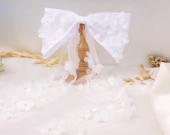 OV21.White tulle bow hair pearls & 3D flowers.Princess bridal style.Elegant bow as a veil alternative.wedding hair accessory.Gift for her.