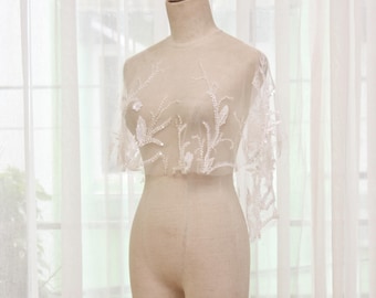 OV52. Sparkly sequin bridal overlay cape, ivory tulle capelet, modest classic wedding cover-up, shimmering event-ready bridal cape.