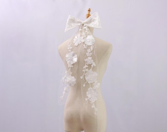 OV15.White tulle bridal hair bow embroidered with flowers. Short bridal hair bow.Romantic hair bow for bachelorette party. floral hair bow.