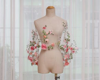 OV45.Rose embroidered bridal capelet, short boho overlay, elegant ivory tulle cover-up with floral church coverage, custom bridal cape.