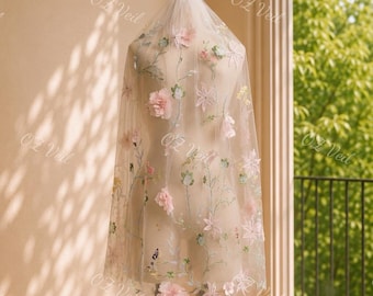 OV10. 3D Blush Pink Floral Wedding Veil, Fairy Tale Garden Bridal Veil, Embroidered Veil, Pastel Flower Applique Veil, Romantic Whimsical