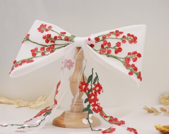 OV26.Bridal Hair Bow with Red Floral Embroidery. Tulle Wedding Hair Accessory. Romantic Boho Hairpiece for Bride or Gift