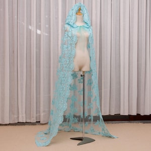 Blue Lace Hooded Cape – Sheer Floral Bridal Cloak, Fairy Wedding Cape, Elopement Veil Alternative, Fantasy Costume Cloak