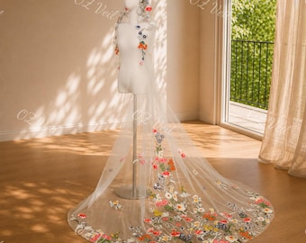 OV103. Colorful Wildflower Embroidered Wedding Veil, Floral Botanical Bridal Veil, Boho Cathedral Veil, Non-Traditional Spring Floral Veil