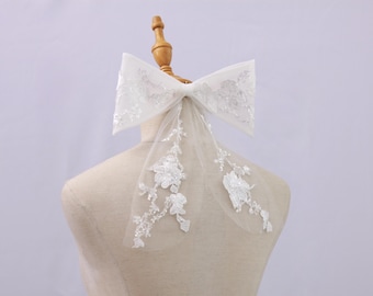 OV10. Bridal hair bow in white tulle embroidered with glitter,romantic handmade wedding hair accessory,floral hair bow,short bridal hairbow