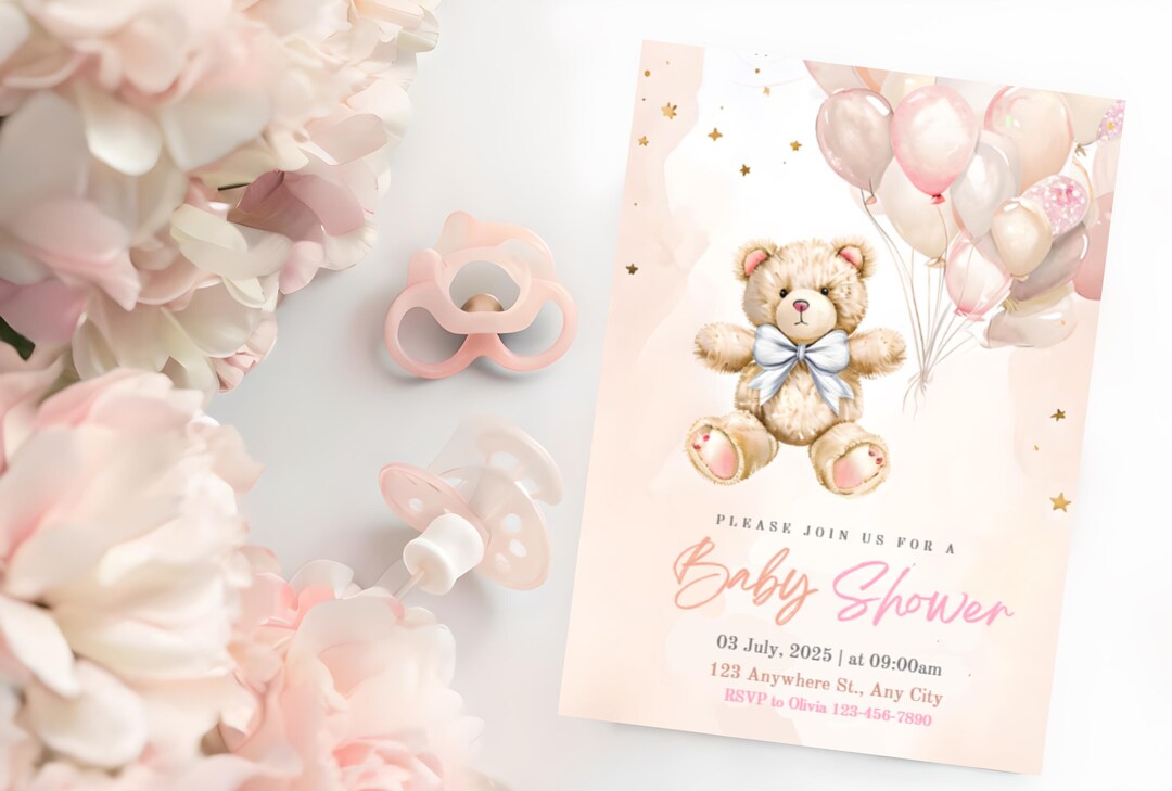 Pink Teddy Bear Baby Shower Invitation: Editable Canva Template ...