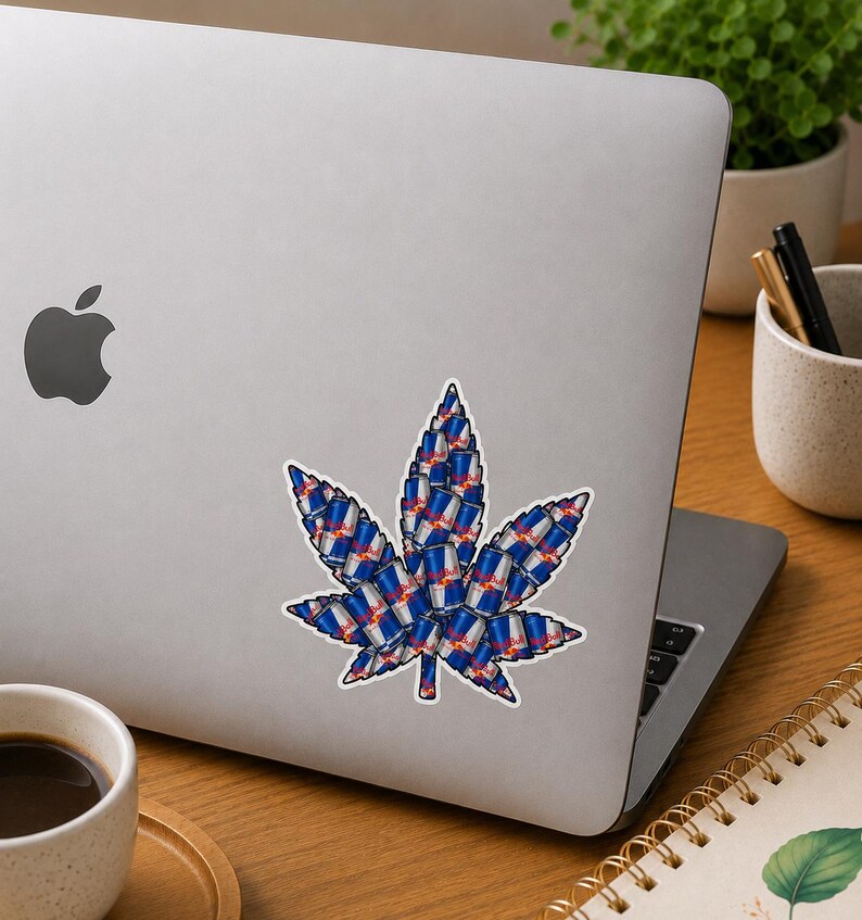 May include: A white sticker in the shape of a cannabis leaf, composed of numerous Red Bull energy drink cans. The sticker is affixed to the lid of a silver laptop, with a coffee cup and notebook in the background.